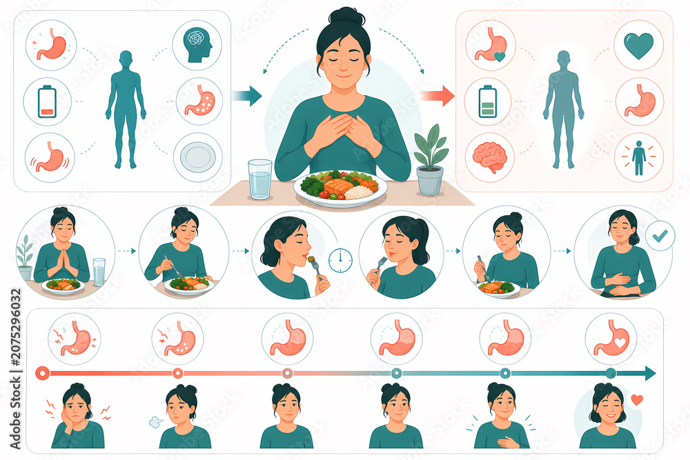 Fototapeta premium Mindful eating hunger fullness cues illustration