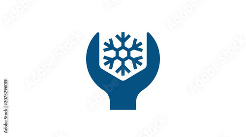 Foto Blue hand holding snowflake logo symbol.