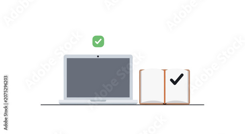 A laptop computer and an open book with check marks on a white background