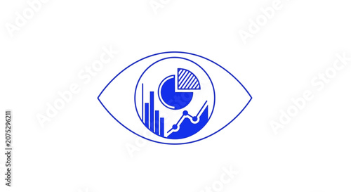 A stylized blue eye icon containing various business data charts and graphs