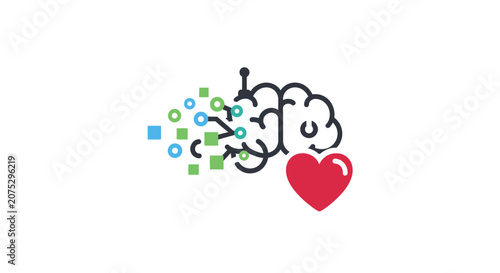 A digital illustration of a human brain merging with technology and a red heart