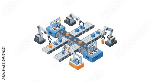 An isometric view of an automated factory production line with robotic arms