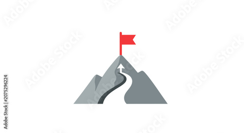 A red flag stands proudly on top of a grey mountain peak with a winding path