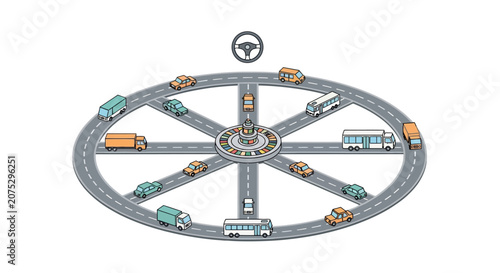 A circular road network with various vehicles moving around a central hub