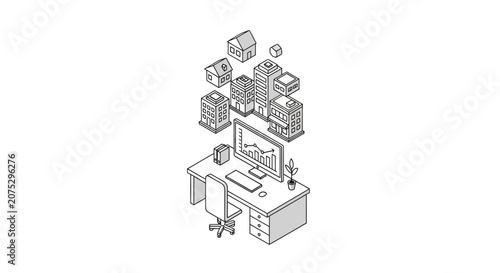 An isometric illustration of a modern office desk with floating city buildings