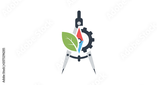 A minimalist vector icon showing a drafting compass with a green leaf and a gear