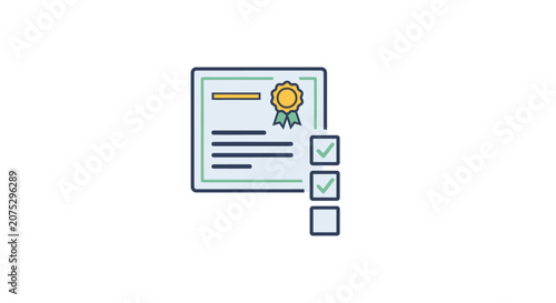 A flat vector illustration of a professional certificate with a checklist icon