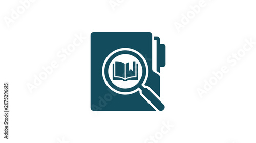 Book with magnifying glass icon.
