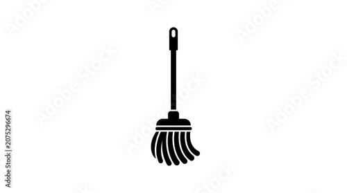 Broom with long handle and bristles.