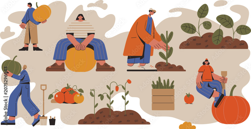 Fototapeta premium Vector illustration of people gardening and harvesting vegetables including watermelon, squash, pumpkins, tomatoes, and leafy greens