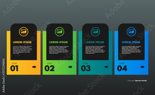 Business infographic timeline vector illustration with four steps and colorful geometric vertical column cards menu layout with rounded top shapes and dark theme