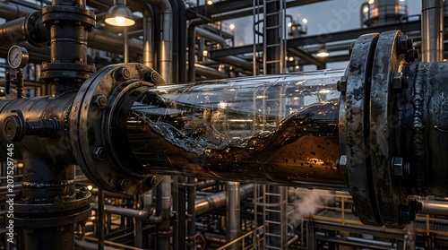 Crude Oil Flowing Through Industrial Pipeline at Refinery