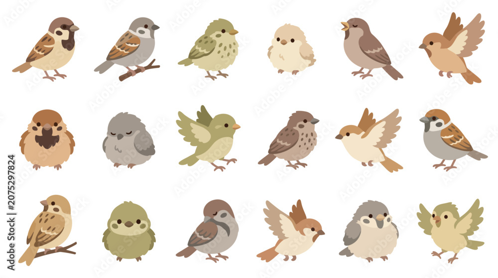 Obraz premium Collection of cute cartoon sparrows in various poses and expressions, isolated on a white background.