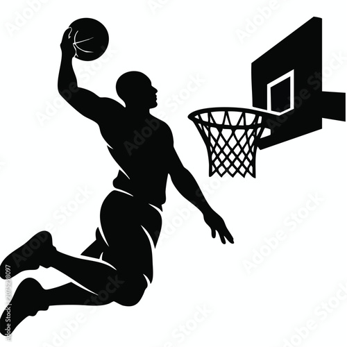 Basketball dunk silhouette vector illustration player mid‑air slam dunk hoop net dynamic motion athletic sports black graphic design
