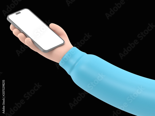 Cartoon Gesture Icon Mockup.3d hand touching smartphone. cartoon icon or mockup of using mobile phone, 3D rendering on black Screen for footage and clipping path.