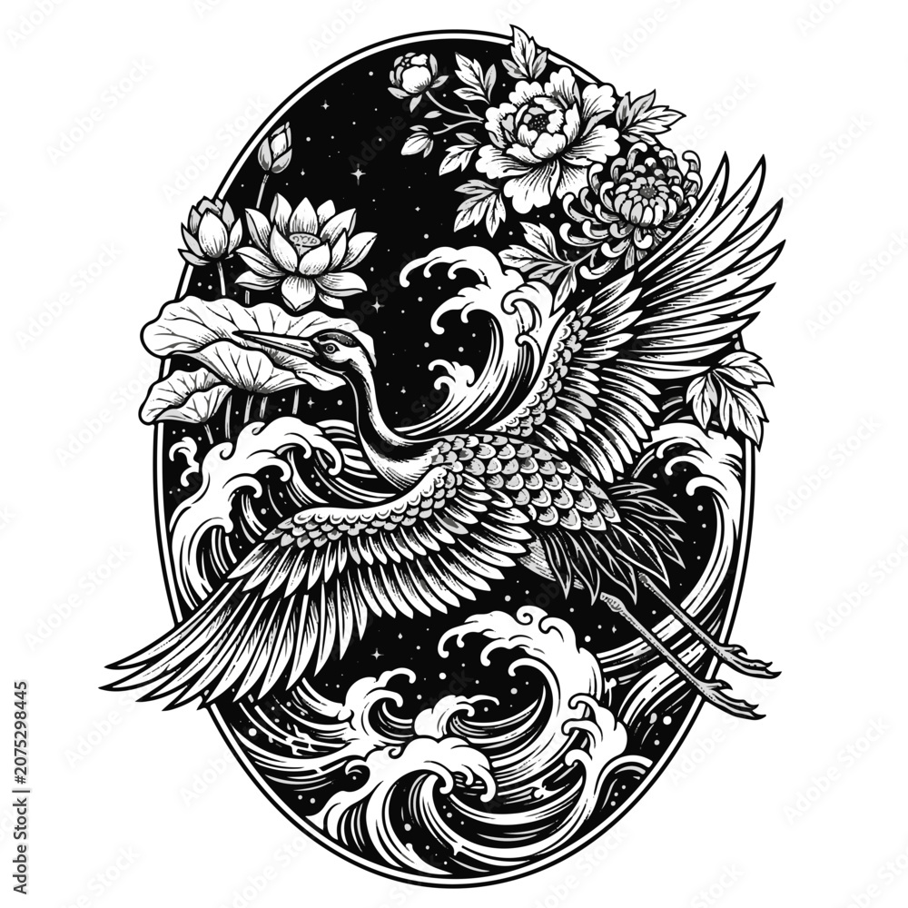 Naklejka premium Crane Japanese Tattoo Art Illustrating Lotus Flowers and Majestic Ocean Waves