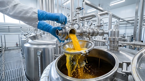 Industrial Processing: Pouring Liquid into Large Stainless Steel Tank
