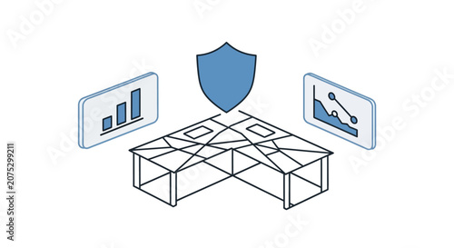 A digital illustration showing a protective shield above a modern office desk