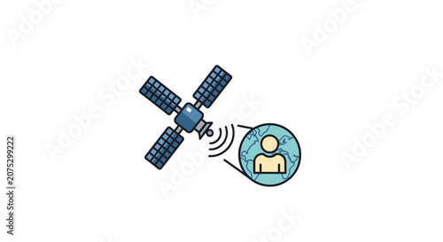 A digital illustration of a satellite transmitting data to a person on the planet