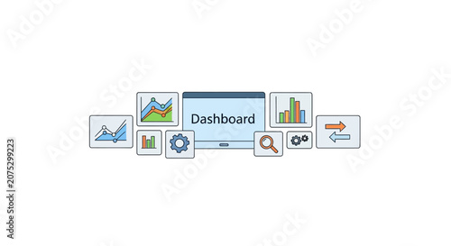 A digital interface showing various business data charts and analytical icons