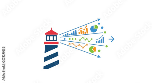 A lighthouse icon projecting various financial business data charts and graphs