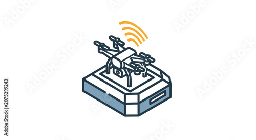 An isometric illustration of a small drone landing on a charging station base