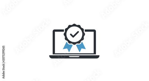 A digital laptop icon featuring a quality assurance checkmark symbol