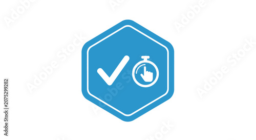 A blue hexagon icon featuring a check mark and a timer symbol