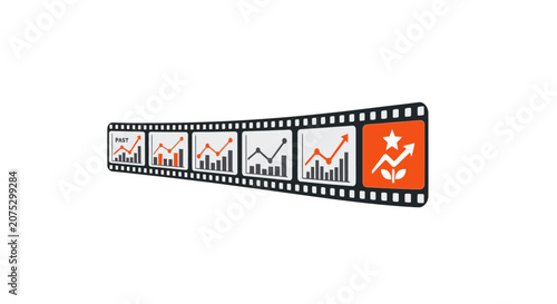 A film strip graphic showing a series of rising financial growth charts