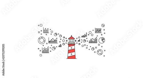 A lighthouse illustration emitting various business data charts and graphs