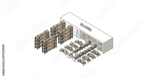 An isometric view of a modern warehouse facility with organized storage shelves