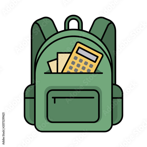 Green school backpack with calculator and notebook