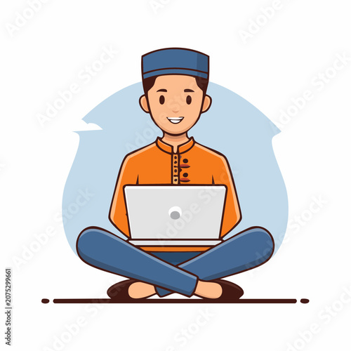 Muslim man in traditional attire using a laptop