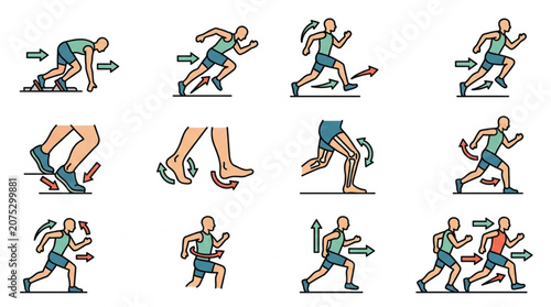 Foto Running athlete motion sequence diagram illustration.