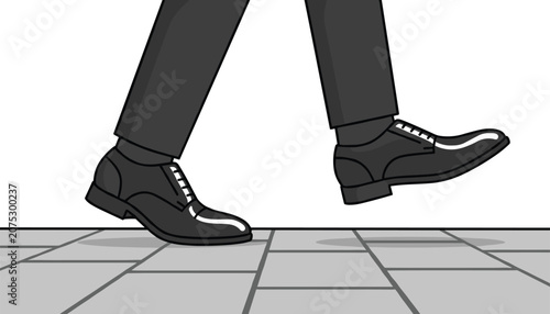 Animated style walking legs with formal trousers and leather shoes stepping on tiled ground in a side profile view graphic illustration.