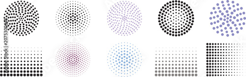Collection of circular and rectangular halftone dot patterns with various color gradients