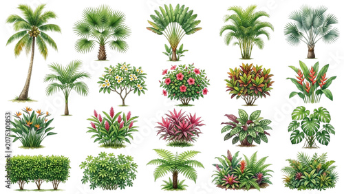 Hand Drawn Watercolor Tropical Trees and Shrubs Vector Set for Landscape Design