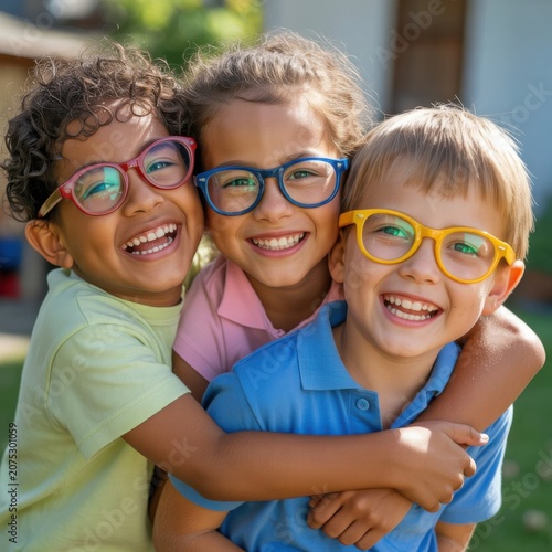 Three happy diverse children laughing joyfully outdoors on a sunny day