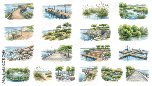 Hand Drawn Watercolor Waterfront Landscape Symbols Vector Set for Coastal Architecture
