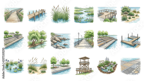 Hand Drawn Watercolor Waterfront Landscape Symbols Vector Set for Coastal Design