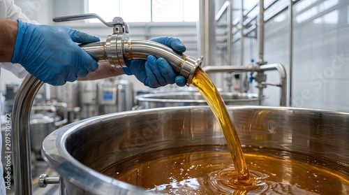 Gloved hands pouring honey into a large stainless steel vat in an industrial setting
