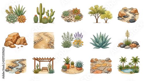 Hand Drawn Watercolor Xeriscape Landscape Symbols Vector Set for Garden and Site Design
