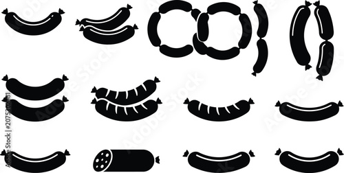 Foto Black Sausage Collection Silhouette Vector Set with Various Shapes Isolated for