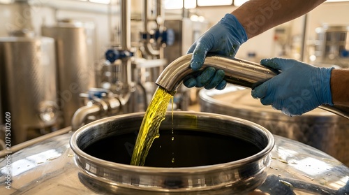 Gloved Hands Pouring Yellow Liquid into Industrial Tank