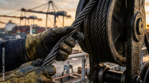 Hands Guiding Steel Cable on Industrial Pulley System at Port