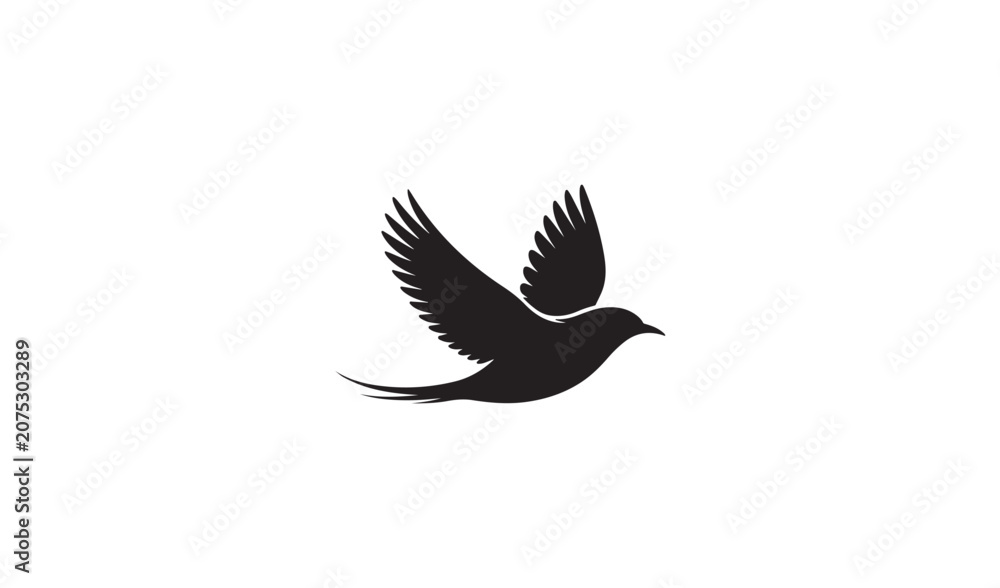 Fototapeta premium Elegant flying bird silhouette, black and white vector graphic of a soaring swallow or dove in mid air motion
