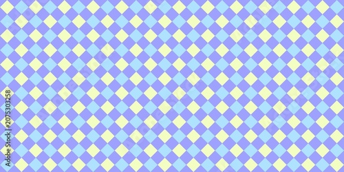 ​Pastel geometric seamless pattern with purple, blue, and yellow diamond checkered grid background.