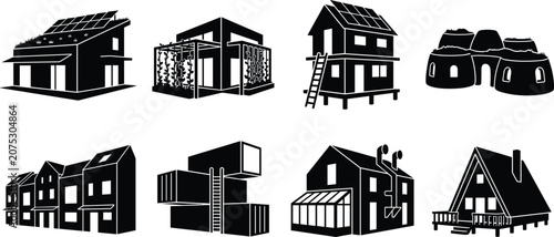 Eco friendly sustainable architecture and modern green housing icon set for alternative construction concepts