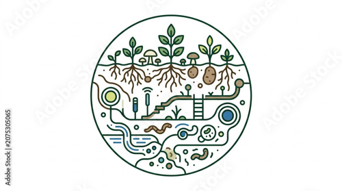 Obraz na płótnie Circular illustration of plant growth and soil ecosystem.