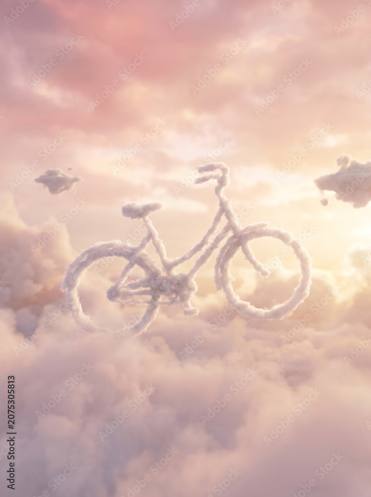 Fototapeta premium Bicycle Shape Formed by White Clouds Floating in Pink Sunset Sky Concept